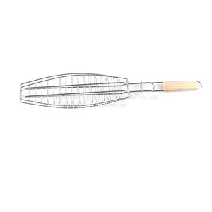 BBQ Fish Grill Basket Chrome Plated BBQ Barbecue Grill Accessories Mesh Wire Fish Basket With Wood Handle thumbnail-4