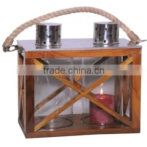 DESIGNER WOODEN HURRICANE CANDLE HOLDER WITH GLASS/ GARDEN CNADLE HOLDER LANTERN MANUFACTURER thumbnail-1