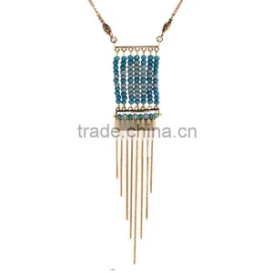 Turkish Gold Jewelry Blue Beads Chains Tassels Pendant Necklace thumbnail-1
