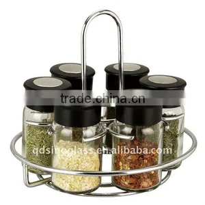 SINOGLASS 6 Pcs Round Shape Galss Spice Rack Set With Chromed Rack thumbnail-1