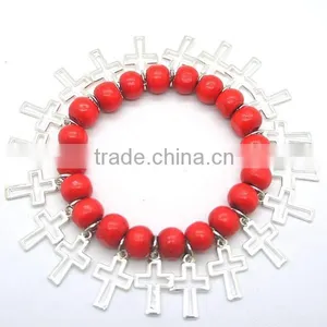 Handmade Bracelet Chain With Red Wooden Beads and Hollow-out Cross thumbnail-1