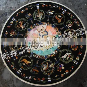 Italian Inlay Marble Dinning Table Top, Round Black Pietra Dura Table Top thumbnail-6