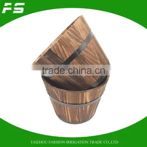 Burnt Finish Round Fir WoodenGarden Flower Planter Pot Wooden Barrel Set thumbnail-4