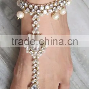 Crystal Pearl Gold Tone ANKLETS PAYAL Feet Bracelet Pair Barefoot Sandal thumbnail-1
