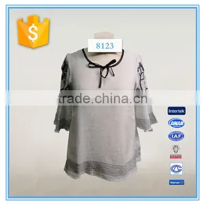 Woman Flared Sleeve Embroidery Tie Neck Cotton Fabric Casual Blouse Designs thumbnail-1