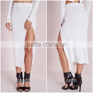 Women Latest Skirt Design Pictures Sexy High Split Midi Skirt White 2015 thumbnail-1