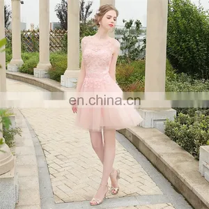 HS1616 Knee Length Evening Party Pink Flower Appliqued Bridal Dress Bridesmaid Gowns thumbnail-1