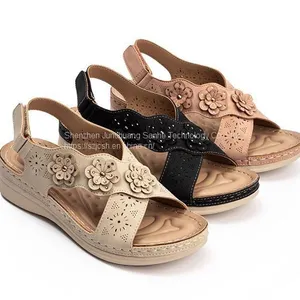 Ladies Summer Sweet Retro Flower Flat Bottom Round Head Hollowed Out Non-Slip Soft Bottom Wedge Heel Women's Sandals Slippers thumbnail-1