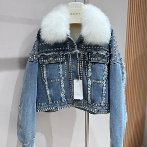 Short Denim Down Jacket, Women's Detachable Inner Liner, Parka Jacket, Oversized Real Fur Collar, Rivet Jacket thumbnail-1