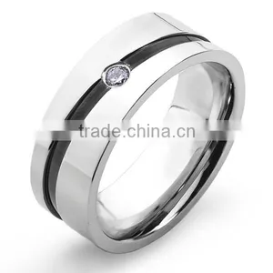 Stainless Steel Cubic Zirconia Men's Black Stripe Wedding Band thumbnail-1