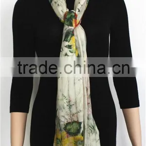Green and Yellow Floral Printed Light Wool Scarf With Fringe thumbnail-3