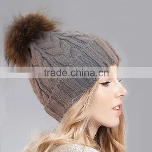 2015 New Designed Women Raccoon Fur Ball Twist Wool Hat Ladies Fashion Winter Knitted Warm Hats thumbnail-1
