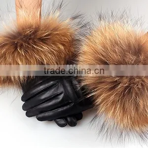 New 2016 Winter Fashion Raccoon Fur Short Design Women's Leather Gloves Thickening thumbnail-5