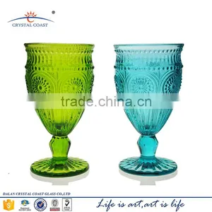 Sun Flower Green Blue Colored Glass Stemmed Goblets Dinnerware Set of 6 Base Clear Glass thumbnail-1