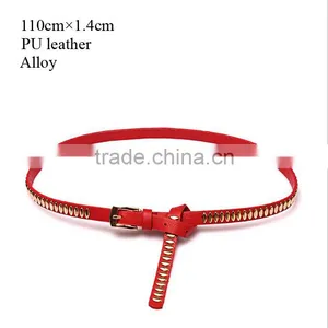 Wholesale Oval Rivets Decorated Square Pin Buckle Sex Girl Thin PU Waist Belt thumbnail-1