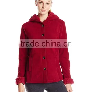 Blank Hooded Varsity Jacket 100% Polyester Heather Sweater Rib Fleece Knit And Sherpa Fleece Lining Women Hooded Jacket thumbnail-2