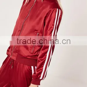 High Quality Custom Silk Flare Red Stripe Panel Satin Bomber Jacket Women Sports Gym Running Active Wear Clothing Set thumbnail-3