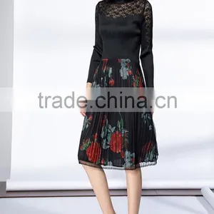 Pleat Large Sized Spring Lace Splicing Printed Dress for Women thumbnail-3