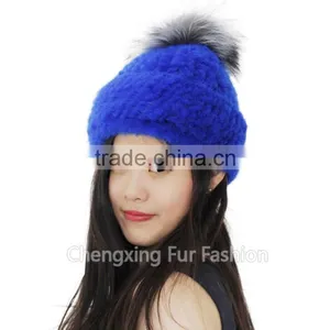 CX-C-239R Spring/Winter Lady Mink Fur Knitted Hat With Genuine Fox Fur Pom Poms thumbnail-6