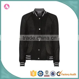 2016 Ladies Custom Cheap Black Polyester Mesh Fabric Plain Varsity Jacket Wholesale thumbnail-1