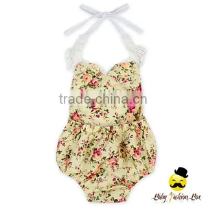 Baby & Kids Clothes Summer Cotton Frock Navy Flower Printed Halter Lace Froal Infant Baby Girl Bodysuit Vintage Romper thumbnail-2