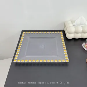Clear Plastic Square Charger Plates With Gold Beaded Rims Wedding Decoration Dishes thumbnail-4