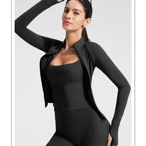 Custom Logo Active Wear Women Soft Running Sports Yoga Leggings Workout Clothes Long Sleeve Zipper Jacket Gym Fitness Yoga Set thumbnail-3