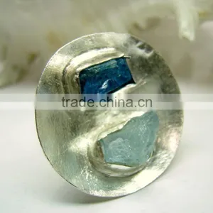 Aquamarine & Neon Apatite Rough Natural Gemstone Ring, 925 Solid Sterling Silver Ring, Designer Raw Bowl Shaped Ring thumbnail-1