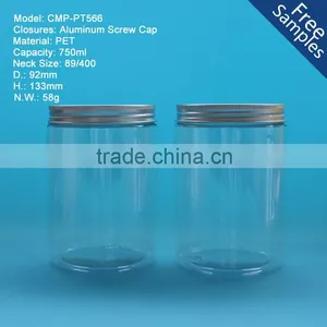 Round Clear 750ml Plastic PET Jars, 750g 25oz Clear PET Plastic Jar With Aluminum Cap thumbnail-1