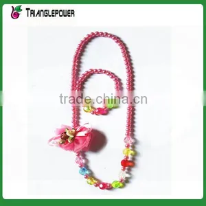 Candy Pink Beaded Necklace Bracelet Set With Flower for Children thumbnail-5