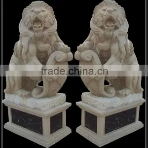 Chinese Stone Lions Statues In Yellow Marble thumbnail-1