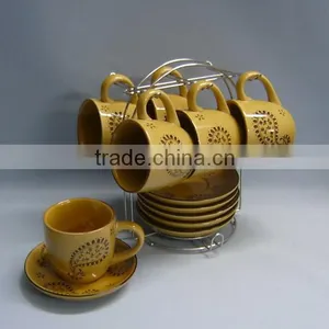 Hand Printing Ceramic Custom Tea Set With Saucer and Rack thumbnail-1