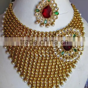 GOLD Plated Maroon Red Polki Pearl Bollywood Necklace EARRING Bridal WEDDING Set thumbnail-2