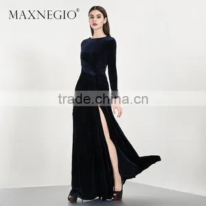 Evening Dresses Pretty Blue Long Sleeve Women Long Formal Party New Arrival Velvet Evening Dresses thumbnail-5