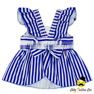 Fitness Children Striped Blue Flutter Sleeve Young Girl Top Kids Beach Clothes Swimwear thumbnail-1