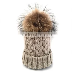 Myfur Cable Knit Hat Wholesale Beanie Cap With Raccoon Fur Pom Poms thumbnail-1