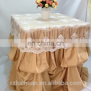 Champagne Satin and Lace Banquet Gathered Table Skirts thumbnail-1