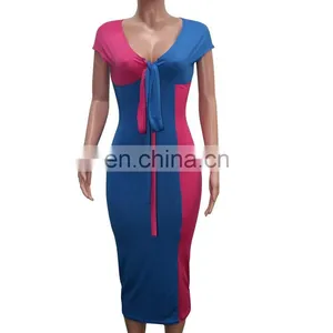 Summer Women Elegant Two Color Patchwork Tie Up V-neck Bodycon Midi Pencil Dress Night Club Sexy Party Dresses Vestidos 3 Colors thumbnail-7