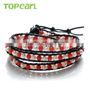 Topearl Jewelry Potato Shape White and Coral Freshwater Bracelet Woven Leather Wrap Bracelets Designs for Girls CLL165 thumbnail-1
