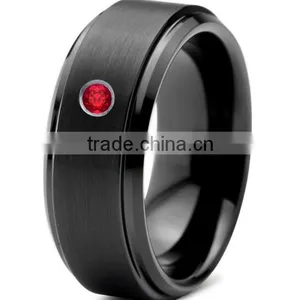 Tungsten Wedding Band Ring 8mm for Men Women,Black Comfort Fit Red Ruby Stone Beveled Edge Brushed Rings thumbnail-1