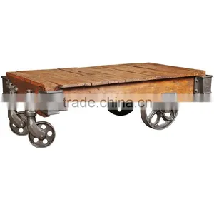 Vintage Industrial Antique Look Coffee Table Cart With Cast Iron Wheels and Wooden Top thumbnail-1