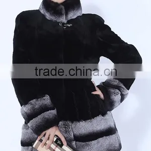 Rex14060 Short Black Rex Rabbit Fur Coat Chinchilla Color Trim thumbnail-1