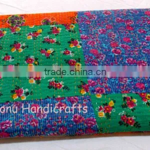 Handmade Patchwork Kantha Bedspread Printed Kantha Quilt Queen Size Made By Artisians of India Printed Patches With Hand Kantha thumbnail-2