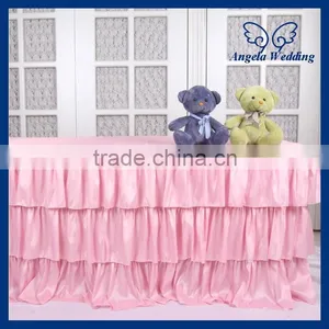 SK006C Wedding Fancy New Three Tiered Polyester Banquet Ruffled Pleated Steps in Pink Table Skirt thumbnail-1