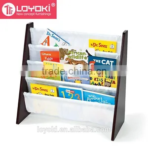 4 Tier Kids' Book Rack Wooden Bookcase With Nylon Fabric Pockets Kids Bookcase thumbnail-3