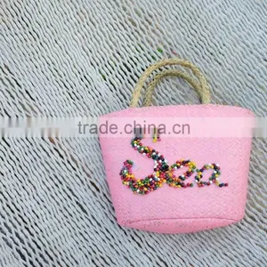 Eco-friendly Short Handle, Pink Baby Straw Woven Beach Bag, Tote Bag Beach thumbnail-2