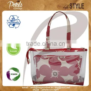 Designer Flora Print See Through Pvc Juco Tote Bag With Pouch thumbnail-1