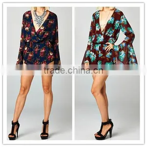 Cheap 2015 Sexy Ladies Long Bell Sleeve Deep V Neck Print Floral Plus Size Loose Short Chiffon Playsuit Romper Jumpsuit thumbnail-1