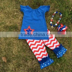 2015 New Baby Girls July 4th Chevron Star Outfits Top Set Outfits With Matching Necklace and Bow thumbnail-1