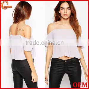 Fashion off the Shoulder Semi Mesh Crop Top Strap Chiffon Tank Top thumbnail-1